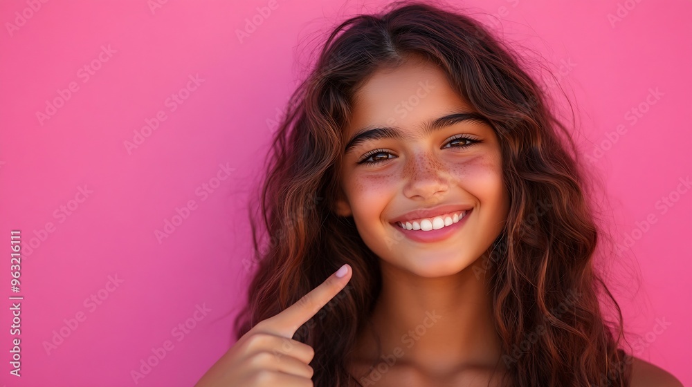 Hispanic adorable teenager girl pointing with her thumb to a pink copy space ad smiling looking happy : Generative AI Hispanic adorable teenager girl pointing with her thumb to a pink copy space ad smiling looking happy : Generative AI