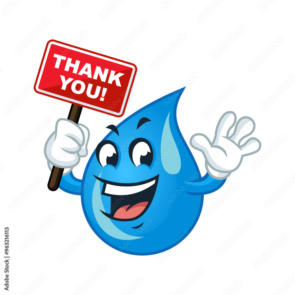 Cartoon water drop holding a thank you sign. Perfect for water conservation campaigns. Cartoon water drop holding a thank you sign. Perfect for water conservation campaigns.