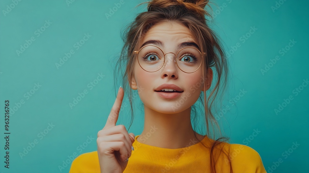 Portrait of positive nice girl indicate fingers empty space proposition isolated on teal color background : Generative AI
