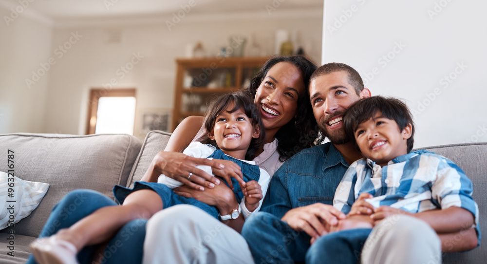 Happy, TV and parents with kids in home for bonding, relax and watching movies in living room on sofa. Laugh, family and mom, dad and children on couch streaming cartoons, entertainment and series Happy, TV and parents with kids in home for bonding, relax and watching movies in living room on sofa. Laugh, family and mom, dad and children on couch streaming cartoons, entertainment and series