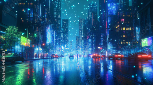 The Symphony of Neon Lights in a Futuristic Rain-Soaked Cityscape