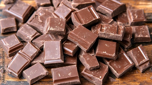 Close-up of a pile of dark chocolate squares on a rustic wooden surface.