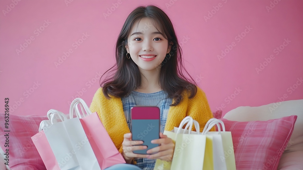 Happy Asian teen woman sitting on sofa holding shopping bags and smartphone isolated on pink background Shopper or shopaholic concept : Generative AI Happy Asian teen woman sitting on sofa holding shopping bags and smartphone isolated on pink background Shopper or shopaholic concept : Generative AI