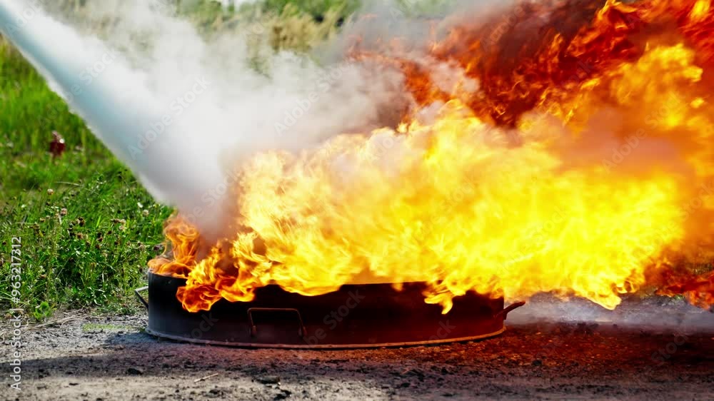 Firefighter battles roaring flame using fire extinguisher to combat spreading flame. Professional demonstrates essential firefighting techniques and safety measures. Slow motion in 4K, UHD