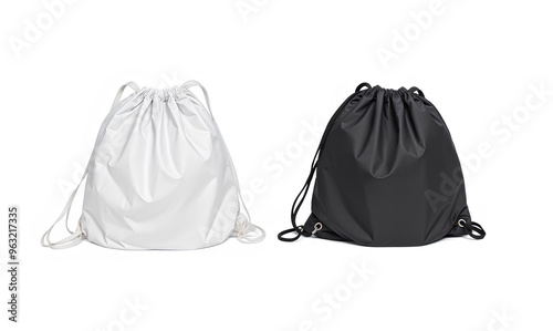 Blank black and white drawstring backpack mockup lying, top view photo