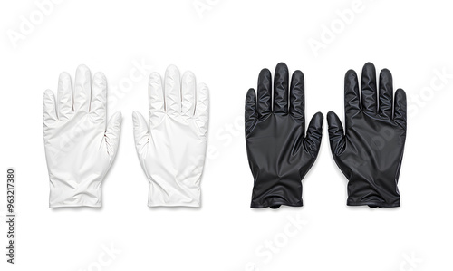 Blank black and white rubber gloves mockup lying, top view