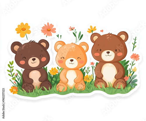 bear cute bear forest nature wildlife cartoon animal three bears brown bear flowers trees greenery playful bears baby bears woodland illustration 