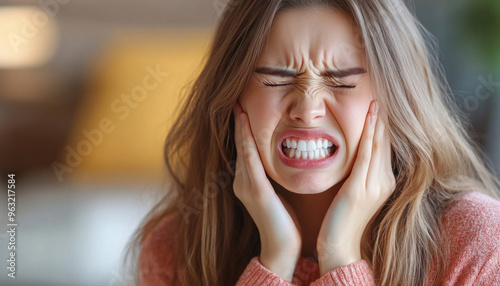 Young woman experiencing severe toothache at home photo