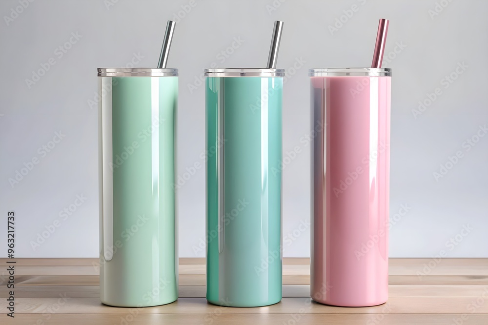 Three Pastel 20oz Shiny Insulated Tumblers Mockup with Straw Three Pastel 20oz Shiny Insulated Tumblers Mockup with Straw