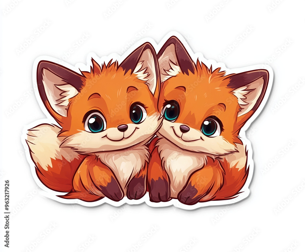 Fototapeta premium fox animal cartoon cute character illustration orange furry sitting pets wildlife happy adorable two foxes playful nature art stylized digital art 