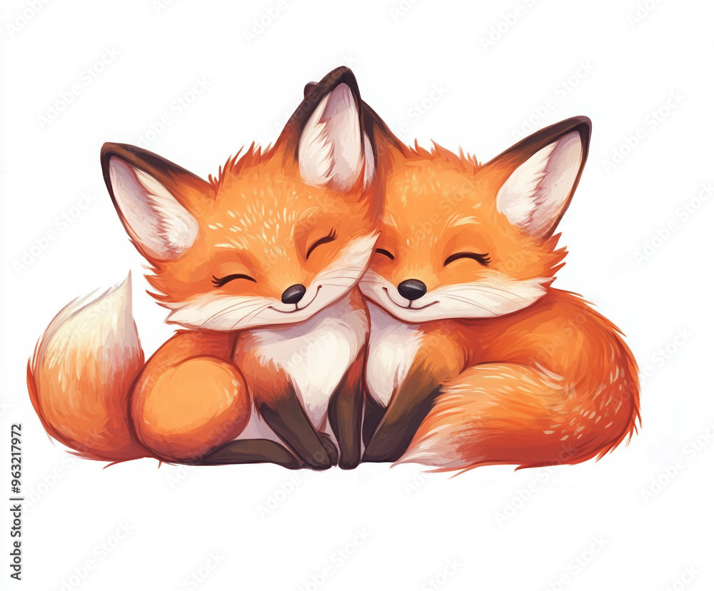 Fototapeta premium fox animal cute cartoon character orange pet illustration playful furry smiling wildlife sitting art design young nature adorable stylized two friends 