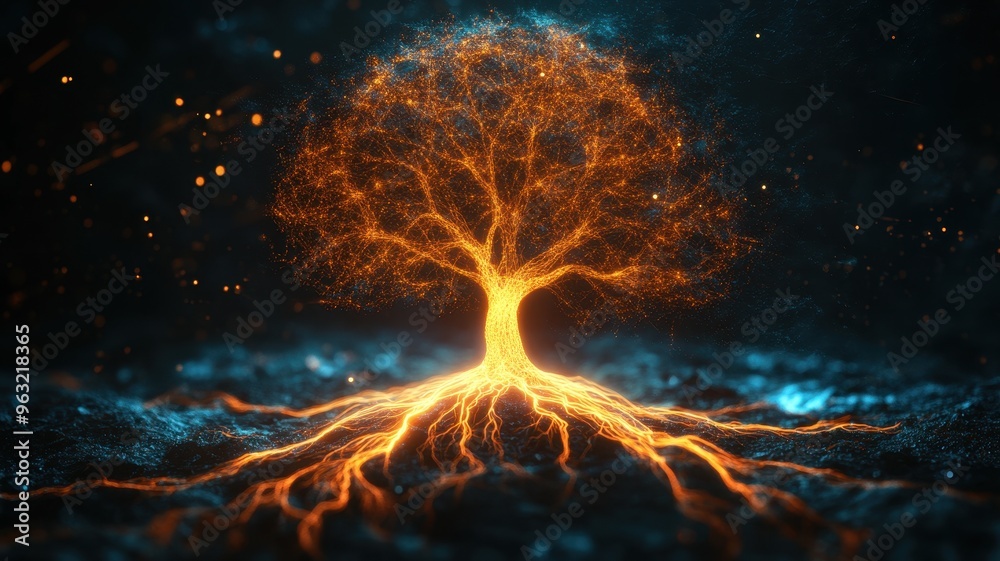 Glowing Tree with Electric Roots in a Dark Mystical Forest - Digital Art Illustration Glowing Tree with Electric Roots in a Dark Mystical Forest - Digital Art Illustration