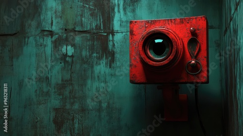 A surreal, creepy red camera with an unblinking eye lens, watching ominously in the shadows, evoking paranoia.