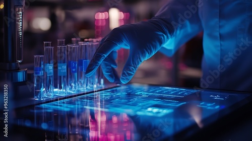 Scientist hand tablet and hologram in laboratory with typing chart data and 3d overlay for pharma development Pharmaceutical person digital touchscreen and press on holographic dashboa : Generative AI