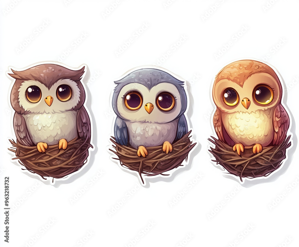 Fototapeta premium owl cute cartoon illustration animal nest colorful character birds wildlife purple owl brown owl orange owl happy owls adorable illustrations