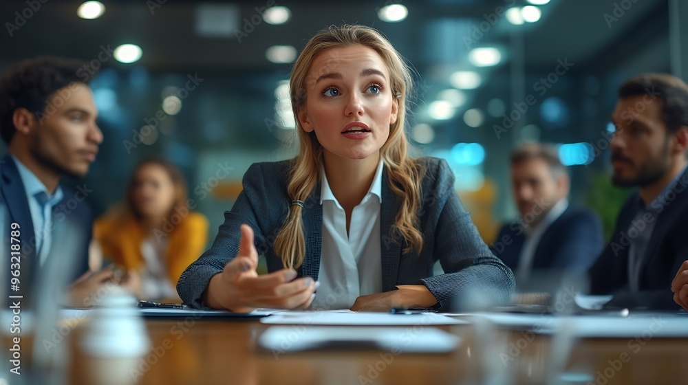 Young team manager woman talking to business colleagues at large meeting table presenting project plan Employees discussing collaboration group tasks working together : Generative AI