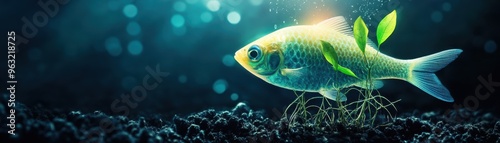 Vibrant Fish Swimming in Underwater Scene with Green Plants and Bokeh Light Effects photo