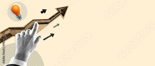 Collage of a hand pointing at an upward arrow with a light bulb on a beige background, symbolizing business growth and innovation.