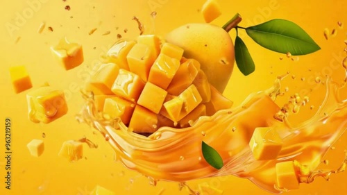 Commercial Video of Mango Fruit with Mango Juice Splashing in Vibrant Yellow Orange Background