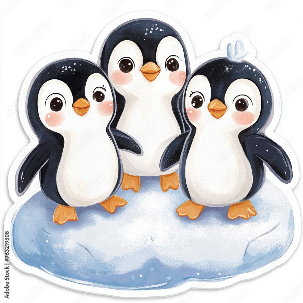 Fototapeta premium penguins cartoon cute animal ice snow wildlife arctic funny playful family friends colorful character sticker illustration baby animals winter frozen 