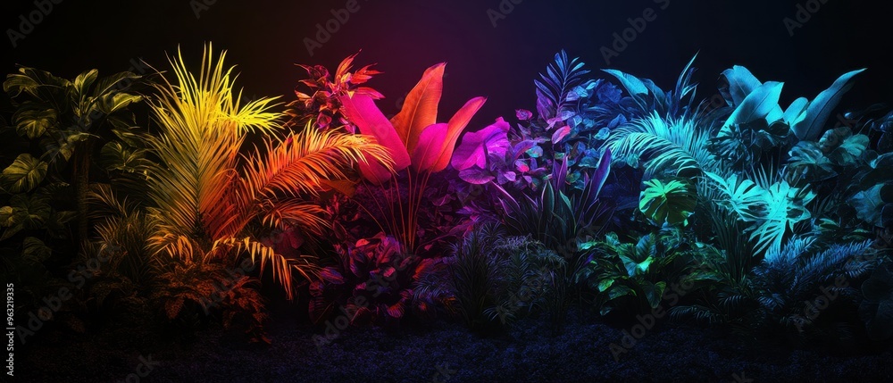 Fototapeta premium Vibrant Tropical Foliage with Colorful Neon Lighting in a Dark Background