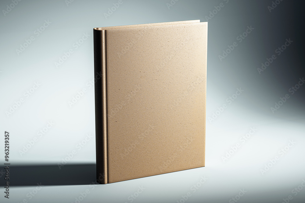 Beige hardcover book mockup standing on a light grey background. 3D Rendering Beige hardcover book mockup standing on a light grey background. 3D Rendering