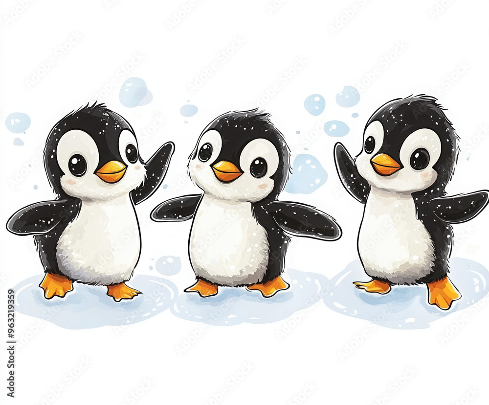 Fototapeta premium penguins cute animals cartoon illustration wildlife birds playful trio winter arctic adorable happy frozen family snow aquatic fantasy