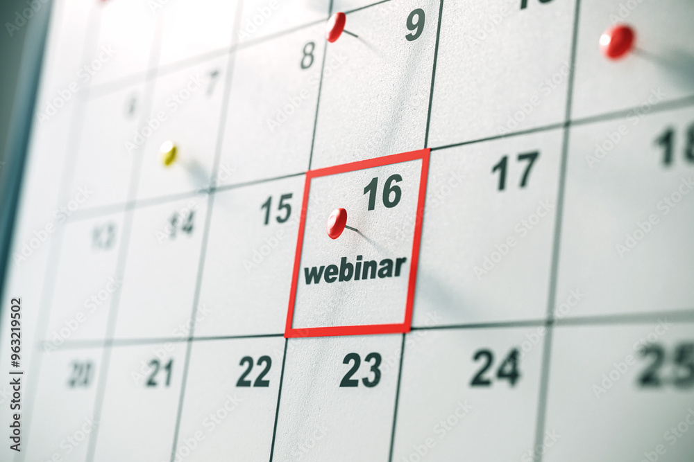 Calendar with a marked webinar date on the 16th. 3D Rendering Calendar with a marked webinar date on the 16th. 3D Rendering