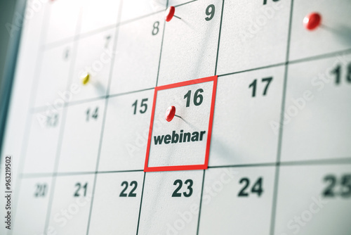 Calendar with a marked webinar date on the 16th. 3D Rendering