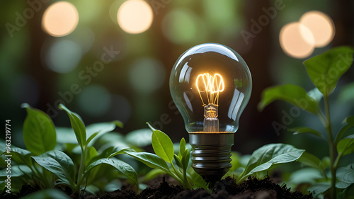 A seedling grows inside a bulb. A small, healthy seedling thrives inside a clear lightbulb, nestled in soil with other emerging plants.