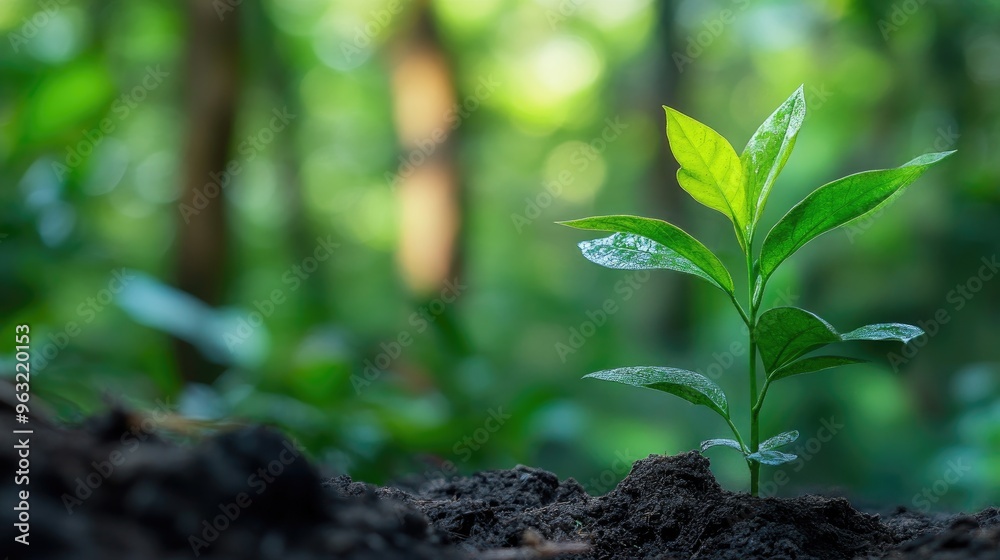 A tender green plant grows from the earth, with a blurry natural background, highlighting organic growth. A tender green plant grows from the earth, with a blurry natural background, highlighting organic growth.