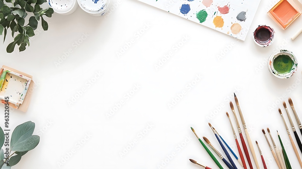 Creative Art Supplies Flat Lay with Brushes Paints and Greenery Creative Art Supplies Flat Lay with Brushes Paints and Greenery