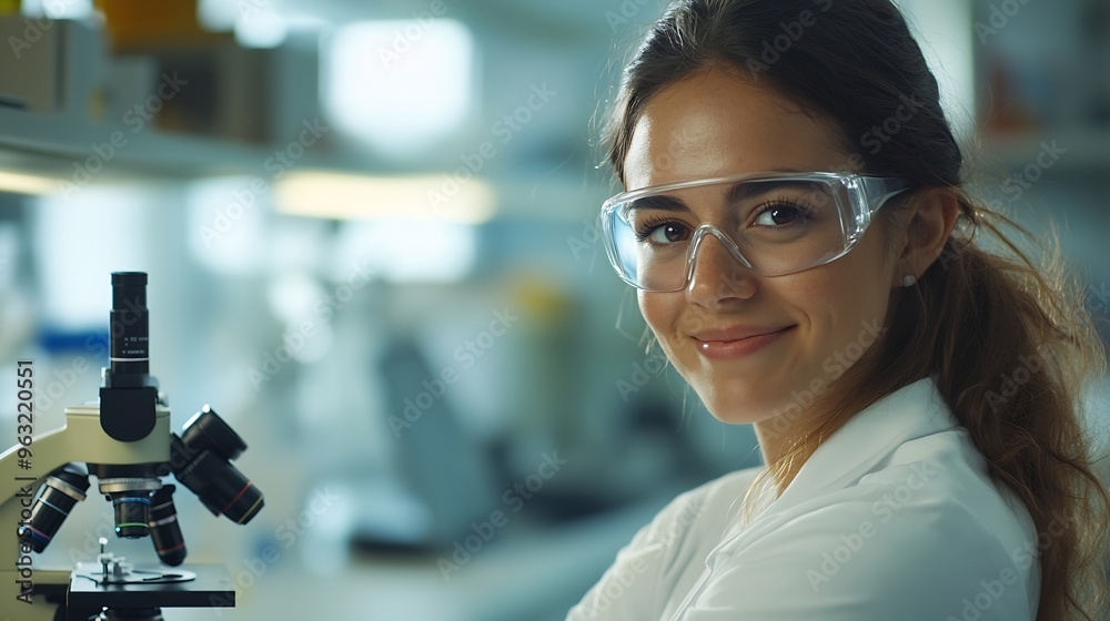 Fototapeta premium Portrait scientist and happy woman on microscope with arms crossed in lab for chemistry research Laptop science and confident face of medical doctor in goggles for microbiology health : Generative AI