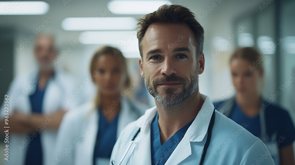 Portrait of a man doctor standing with a team of other doctors and nurses in the hospital Group portrait highlights the clinic medical staff showcasing teamwork and dedication to healt : Generative AI Portrait of a man doctor standing with a team of other doctors and nurses in the hospital Group portrait highlights the clinic medical staff showcasing teamwork and dedication to healt : Generative AI
