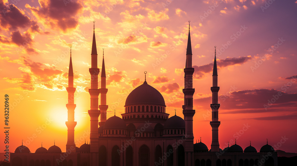 Fototapeta premium Mosque silhouette against a golden sunset sky, vibrant orange and pink hues, minarets and dame, soft clouds, peaceful and spiritual ambiance, Ramadan