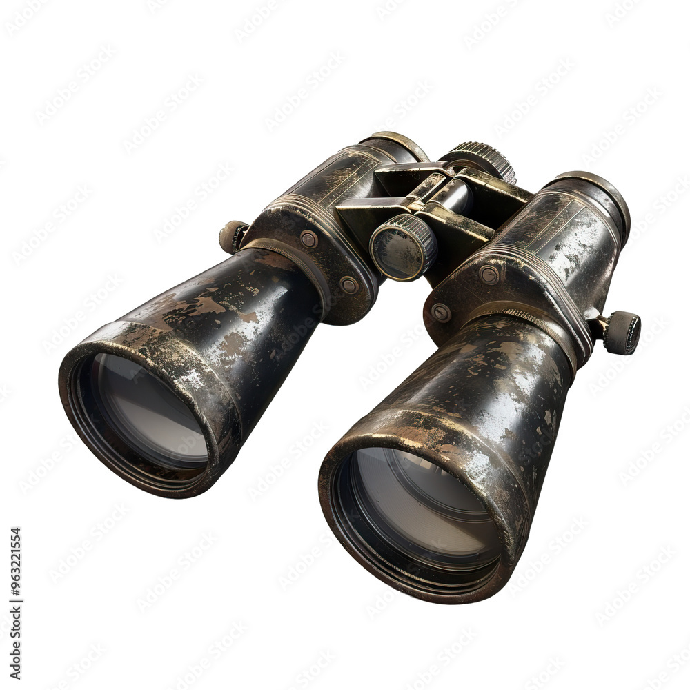 Vintage binoculars, for observing distant objects and exploring new horizons, isolated on transparent background PNG