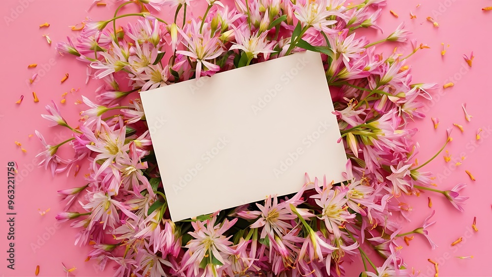 Top view of blank greeting card and tender eustoma flowers isolated on pink Top view of blank greeting card and tender eustoma flowers isolated on pink