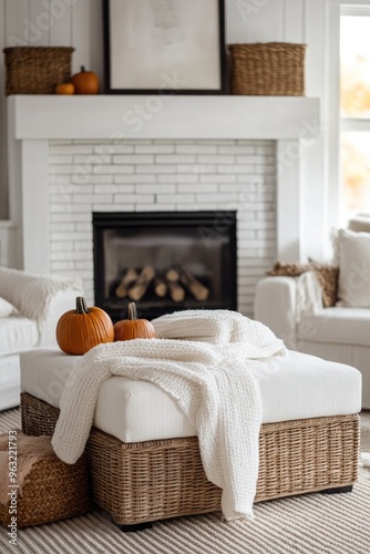 White Living Room Decor with Basket Ottoman and Fireplace with Pumpkins in Earthy Tones