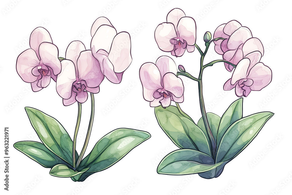 Fototapeta premium Beautiful illustration of delicate pink orchids, showcasing elegant petals and lush green leaves, perfect for floral designs.
