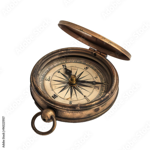 Old compass with a rustic brass cover, for navigating through life's journey and finding one's direction, isolated on transparent background PNG photo