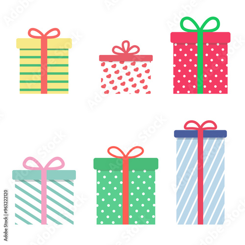 Cute gift box set minimal style. Set of gift boxes with ribbon for Christmas, new year or any occasion. Gift boxes collection vector isolated on white background.