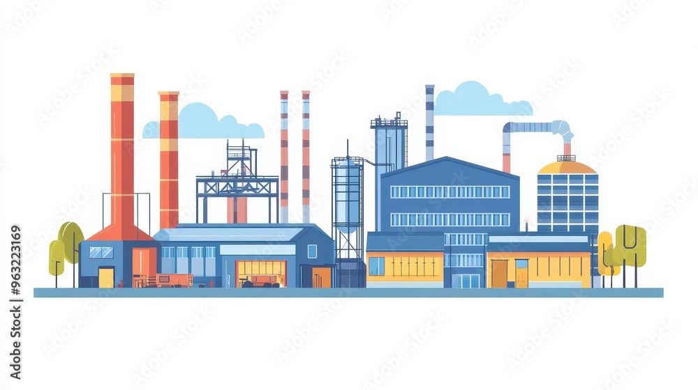 A cartoon illustration of an industrial factory with smoke stacks, buildings, and trees.