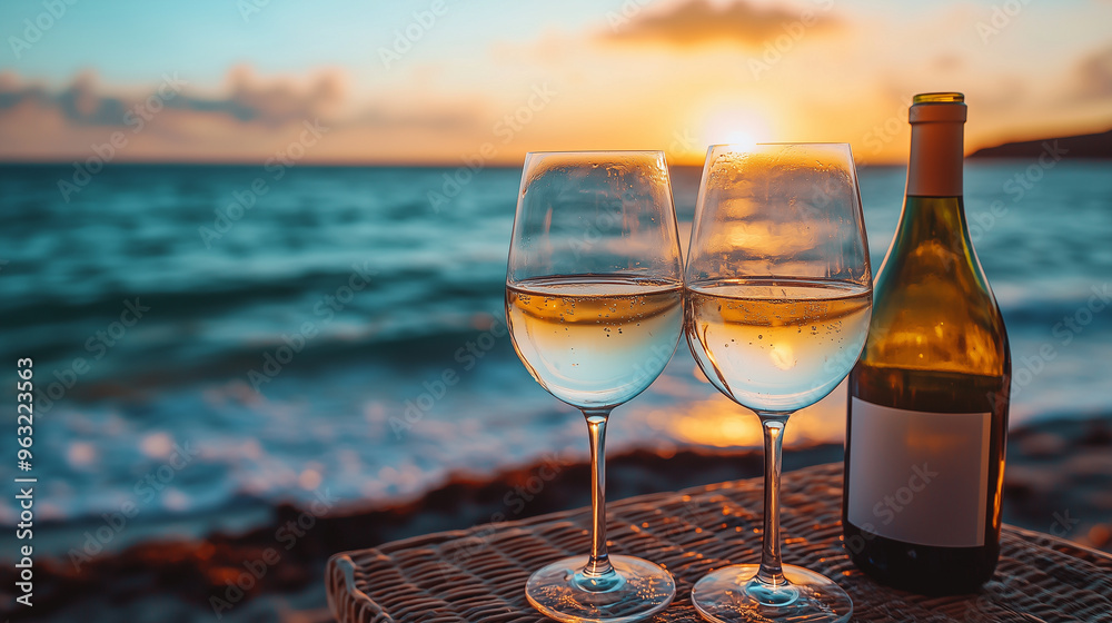 Two glasses of white wine and a bottle on a table against a sunset at the beach, with copy space for text. A romantic dinner by the sea concept with a close-up of a glass. A summer Two glasses of white wine and a bottle on a table against a sunset at the beach, with copy space for text. A romantic dinner by the sea concept with a close-up of a glass. A summer