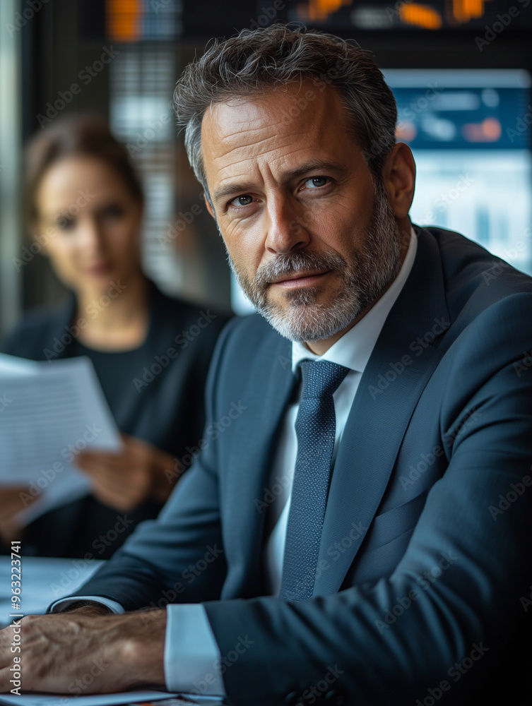 A businessman in a suit and tie, sitting at his desk with papers on it while he is having an interview about the company's financial performance with a female staff member holding A businessman in a suit and tie, sitting at his desk with papers on it while he is having an interview about the company's financial performance with a female staff member holding