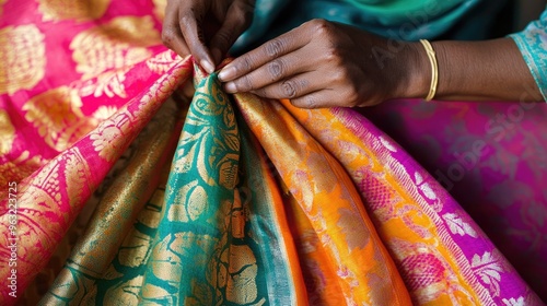 A vibrant sari being stamped by an artisan using ink, displaying bold patterns and colors in traditional Indian fabric-making.