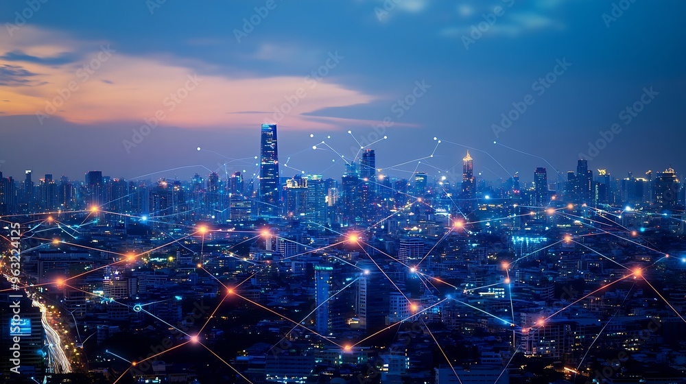 Obraz premium Wireless network and Connection technology concept with Abstract Bangkok city background in panorama view : Generative AI