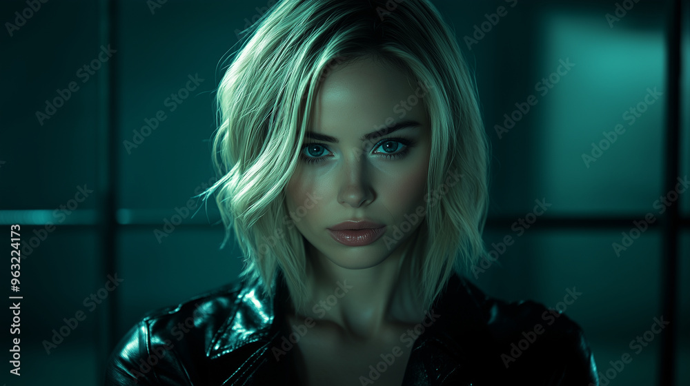 Cinematic shot of a blonde female character in prison, looking directly at the camera. She is wearing a black leather jacket and has shoulder-length hair and blue eyes. The color g Cinematic shot of a blonde female character in prison, looking directly at the camera. She is wearing a black leather jacket and has shoulder-length hair and blue eyes. The color g