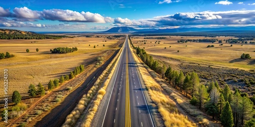 An empty highway stretches out into the distance captured from a top down aerial view using a wide angle lens in the breathtaking Oregon landscape, Oregon, highway, road, transportation photo