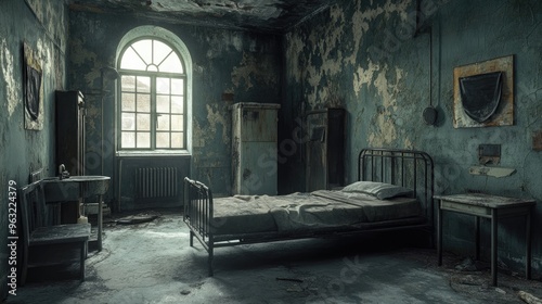 An abandoned, terrifying asylum room, haunted by the ghosts of forgotten nightmares and broken dreams.