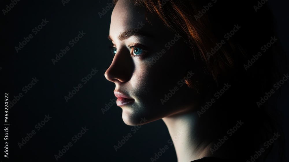 Fototapeta premium Dramatic Side Profile Portrait of a Young Woman with Red Hair in Low Light